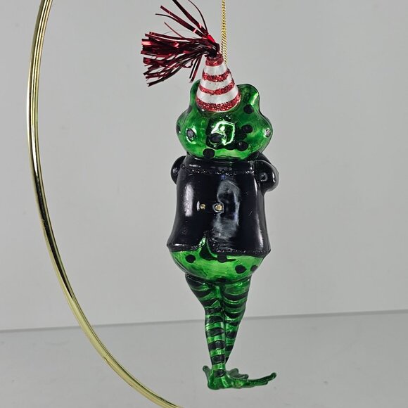 Frog Ornament Playing Trumpet With Party Hat & Tuxedo Glass - Picture 5 of 7